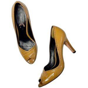 Faconnable Mustard Patent ALL Leather Peep Toe Pumps Womens Size 8N